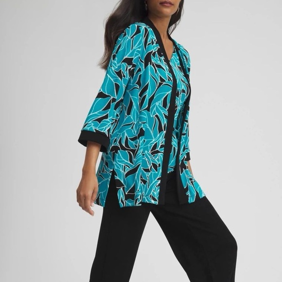 Chico’s Travelers Leaves Open Front Blue Black Tropical Print Cardigan 1 (US M) - Picture 6 of 16